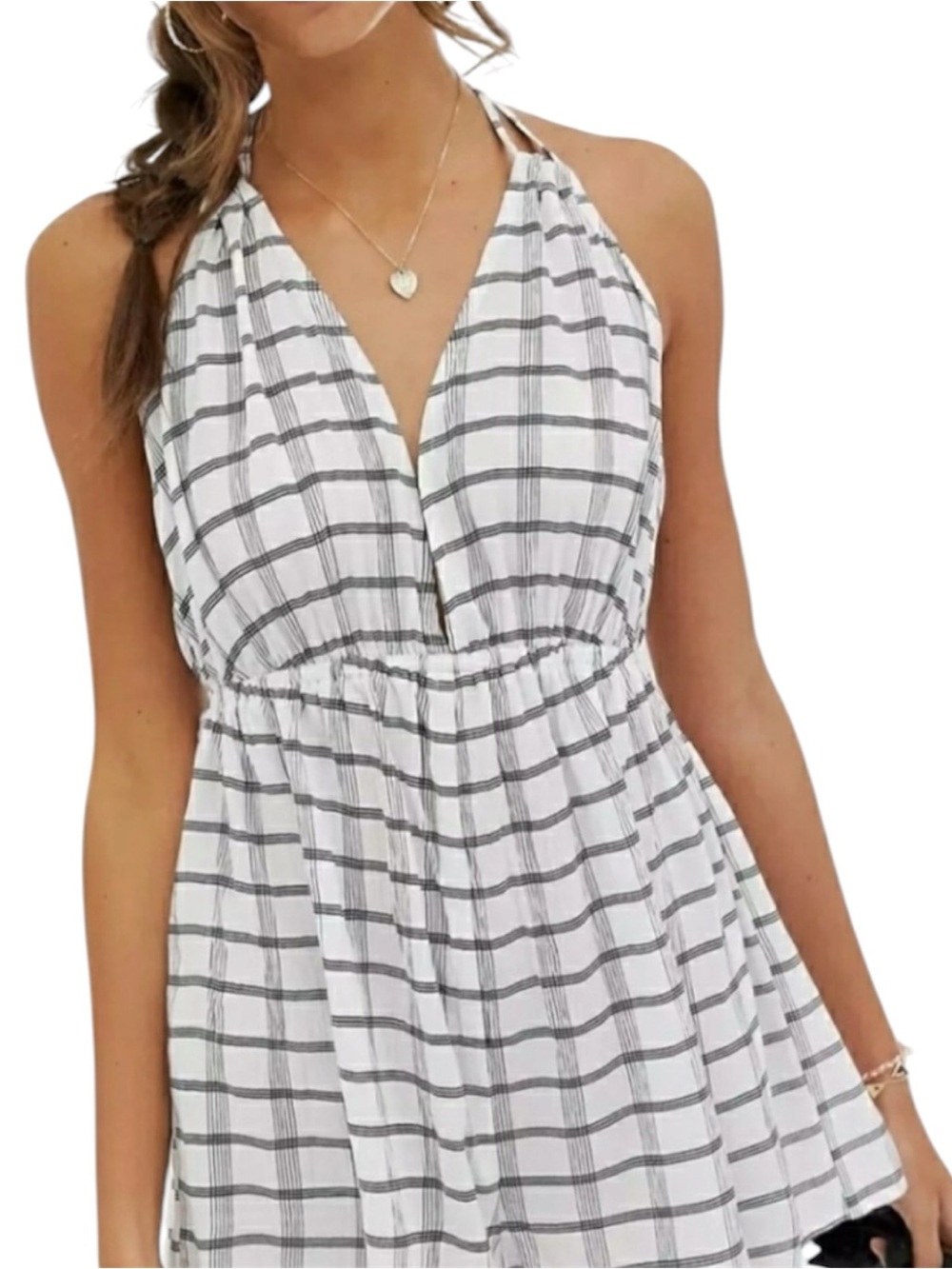 NEW ASOS White Plaid Halter Tie Crinkle Plunge Neckline Romper